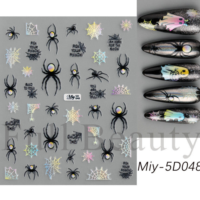 Rainbow Ghost Bat Cat Halloween Nail Stickers 2 Sheets 3D Embossed Decals