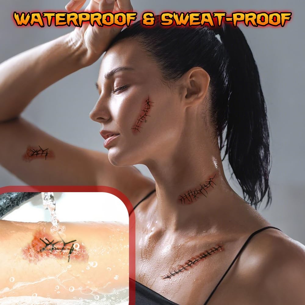 Temporary Tattoos 25 Sheets Halloween Zombie Stitches & Scars Blood Pack