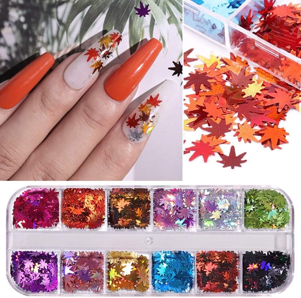 Fall Leaf Glitter Nail Sequins - 12 Color Holographic Maple Leaf Flakes for Nail Art