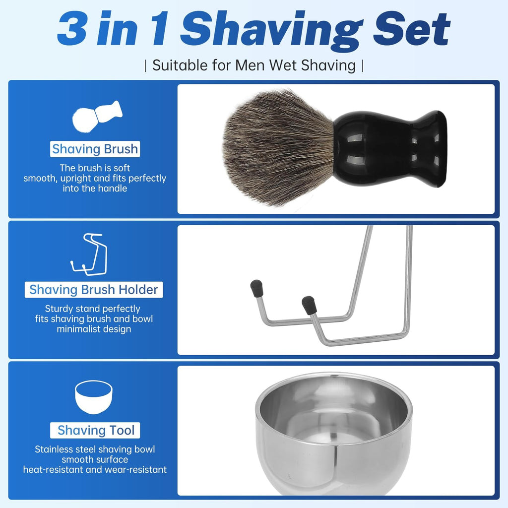Men's Shaving Brush Set with Badger Hair & Stainless Steel Bowl - Exfoliating Cream