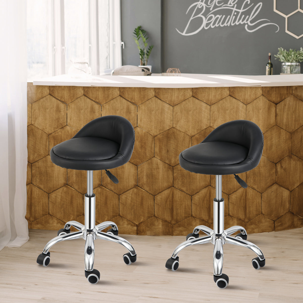Adjustable PU Leather Salon Stool with Back and Swivel Wheels - Black