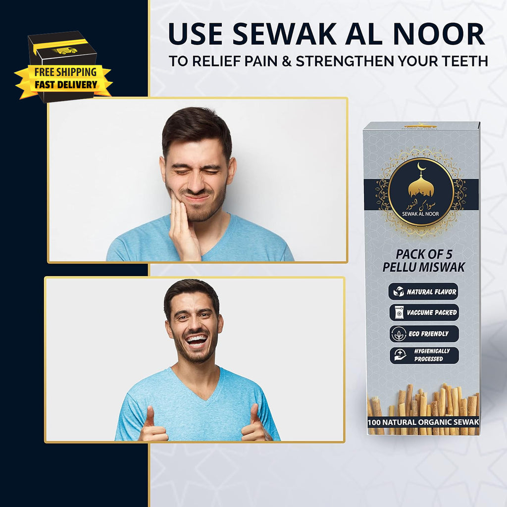 Natural Miswak Tooth Sticks with Holder - Pack of 5, Oral Hygiene & Whitening
