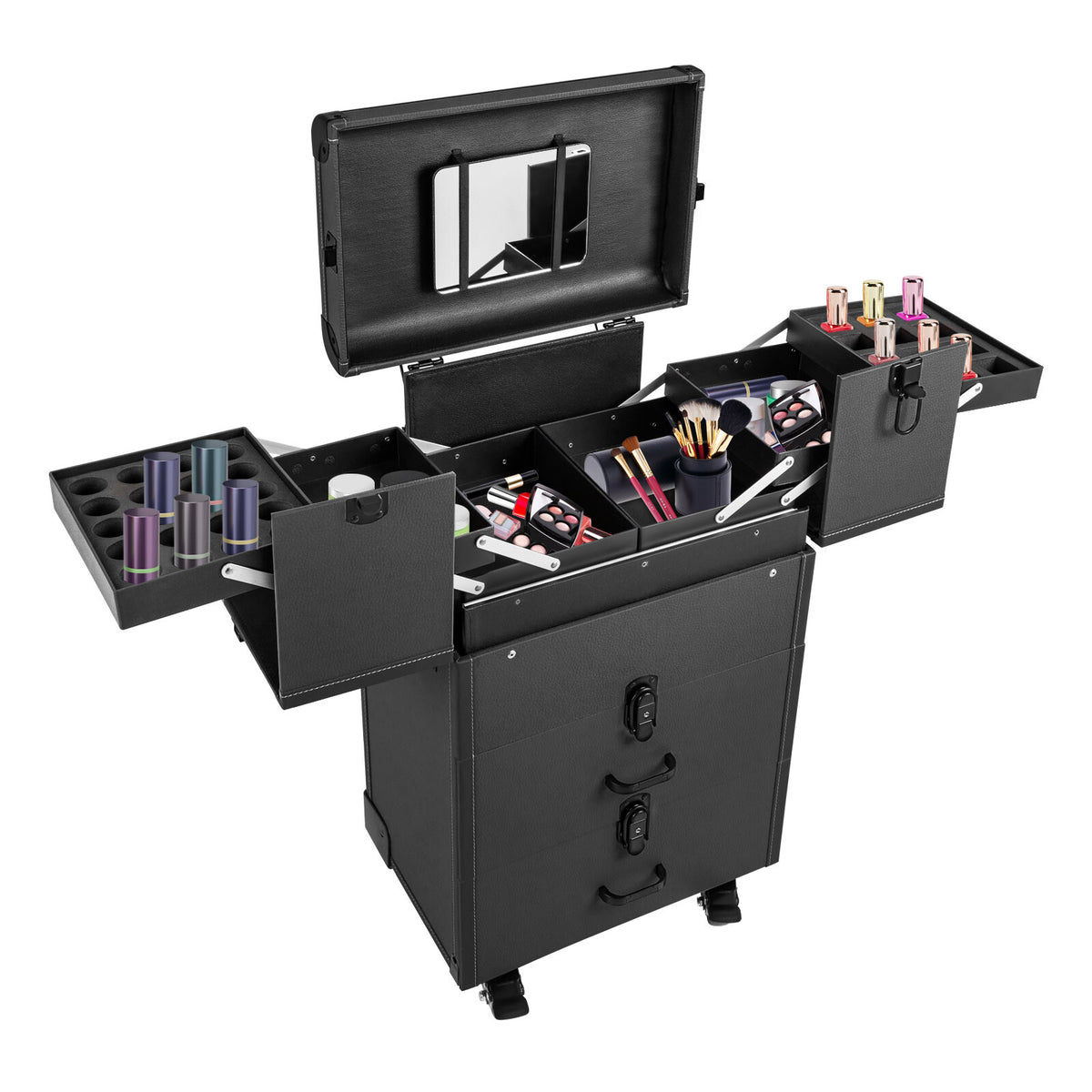 Lockable Rolling Makeup Organizer Trolley with Mirror and Storage