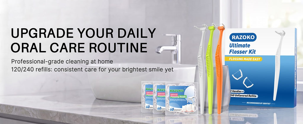 Dental Flosser Kit with Handle and 120 Refill Heads - Easy Access, Ergonomic Design