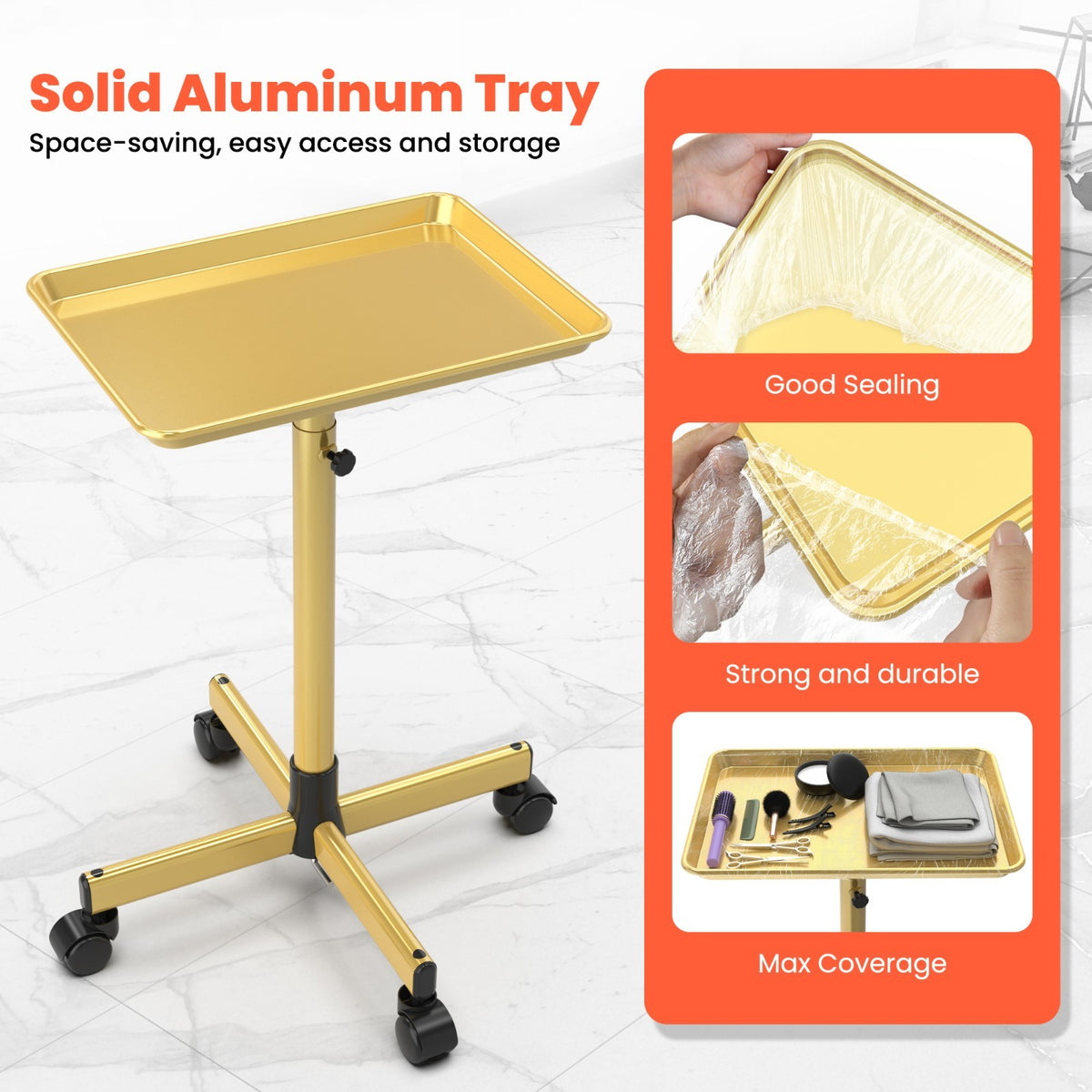 Adjustable Salon Rolling Trolley on Wheels - Gold Aluminum Hair & Tattoo Tray