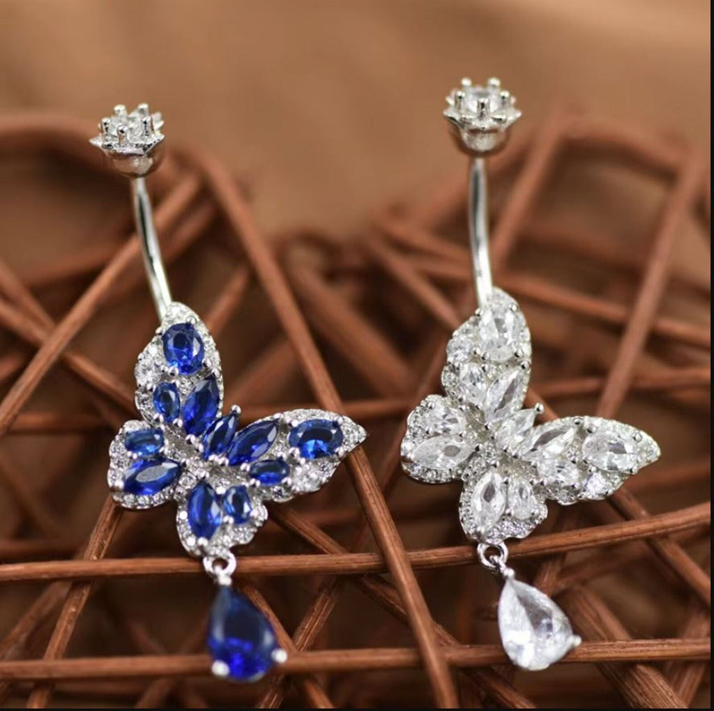 925 Sterling Silver Belly Button Ring with Clear Zircon Gem - Butterfly Dangle