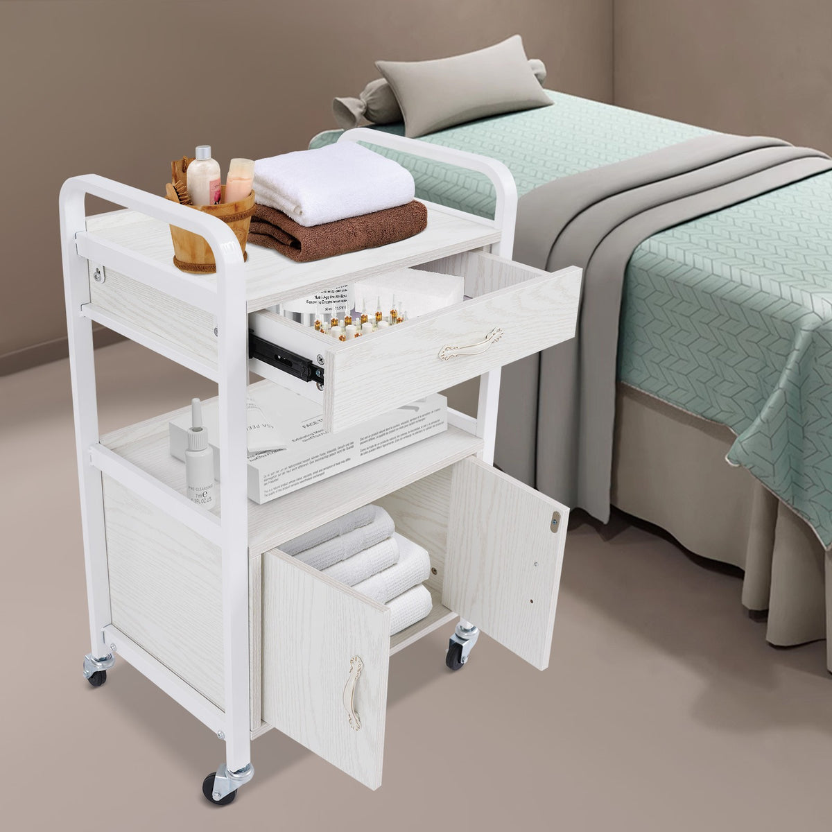 Salon Beauty Trolley Rolling Cart Storage Cabinet with Drawer - White