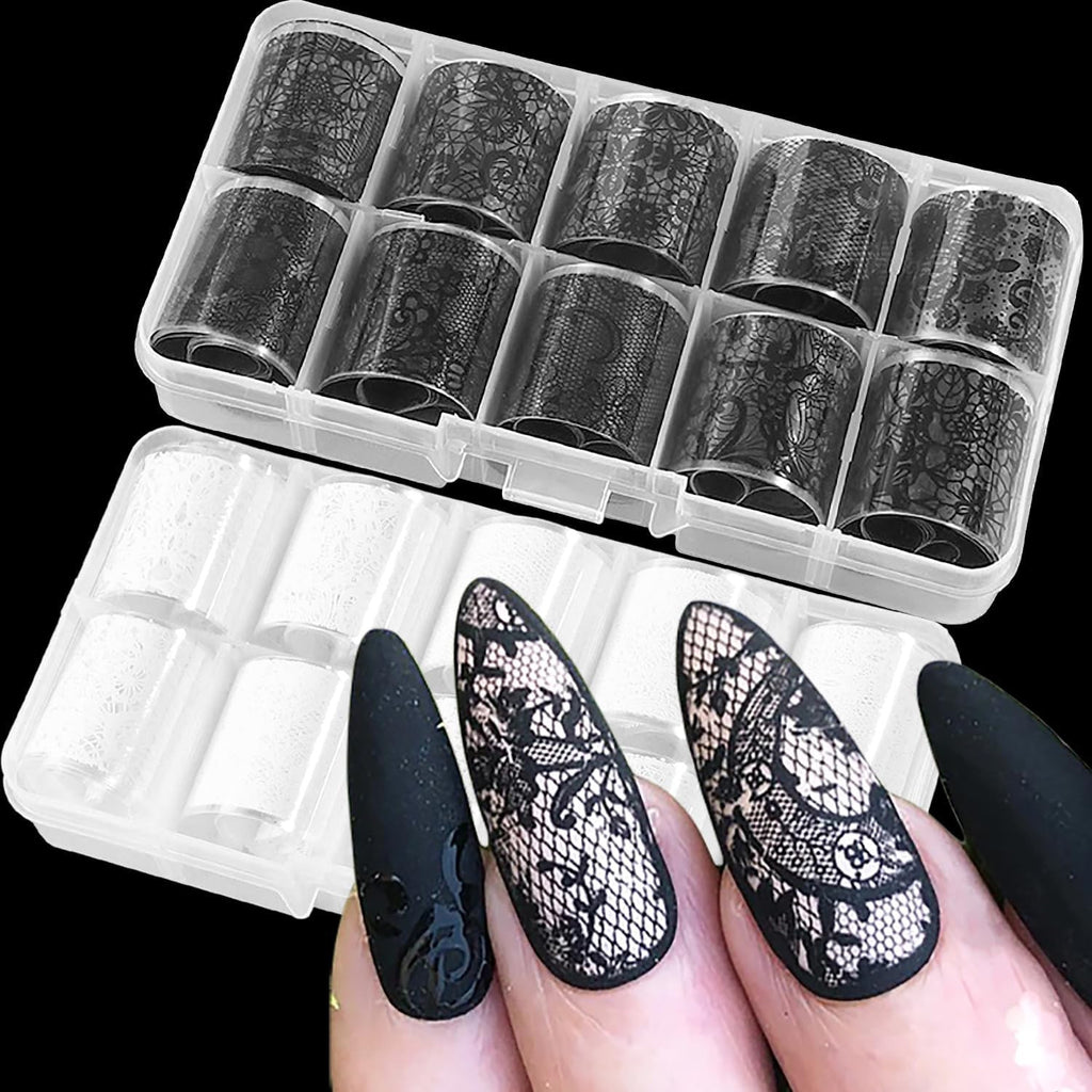 White and Black Lace Nail Foil Sheets for Nail Art - 20 Rolls