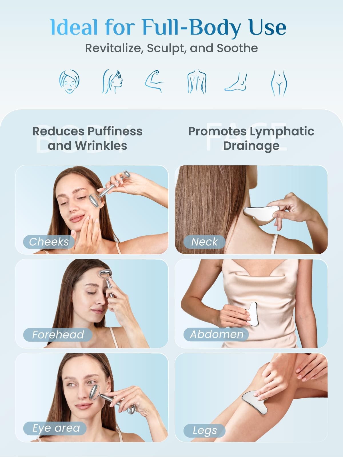 Stainless Steel Gua Sha and Facial Roller Set - Anti-Breakage Face Massage Tools