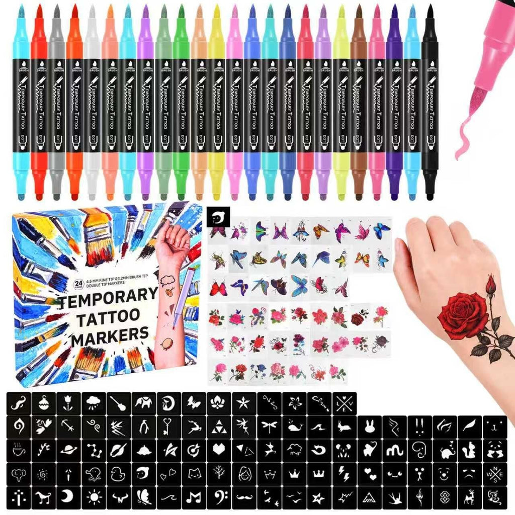 Temporary Tattoo Kit with 24 Pens, 50 Stickers & 82 Stencils for Teens