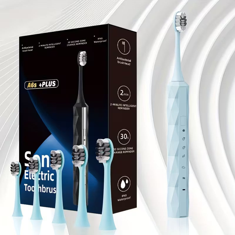 IPX8 Waterproof Electric Toothbrush with 5 Replacement Heads & Timer