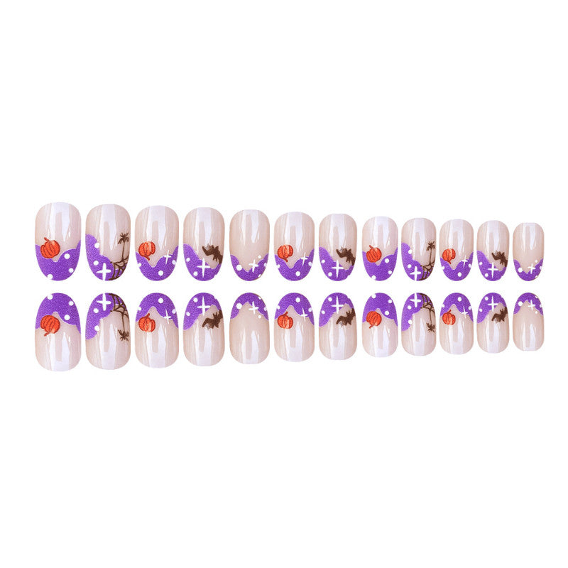 48pcs Short Oval Press-On Nails for French Pumpkin Spider Bat Nail Art