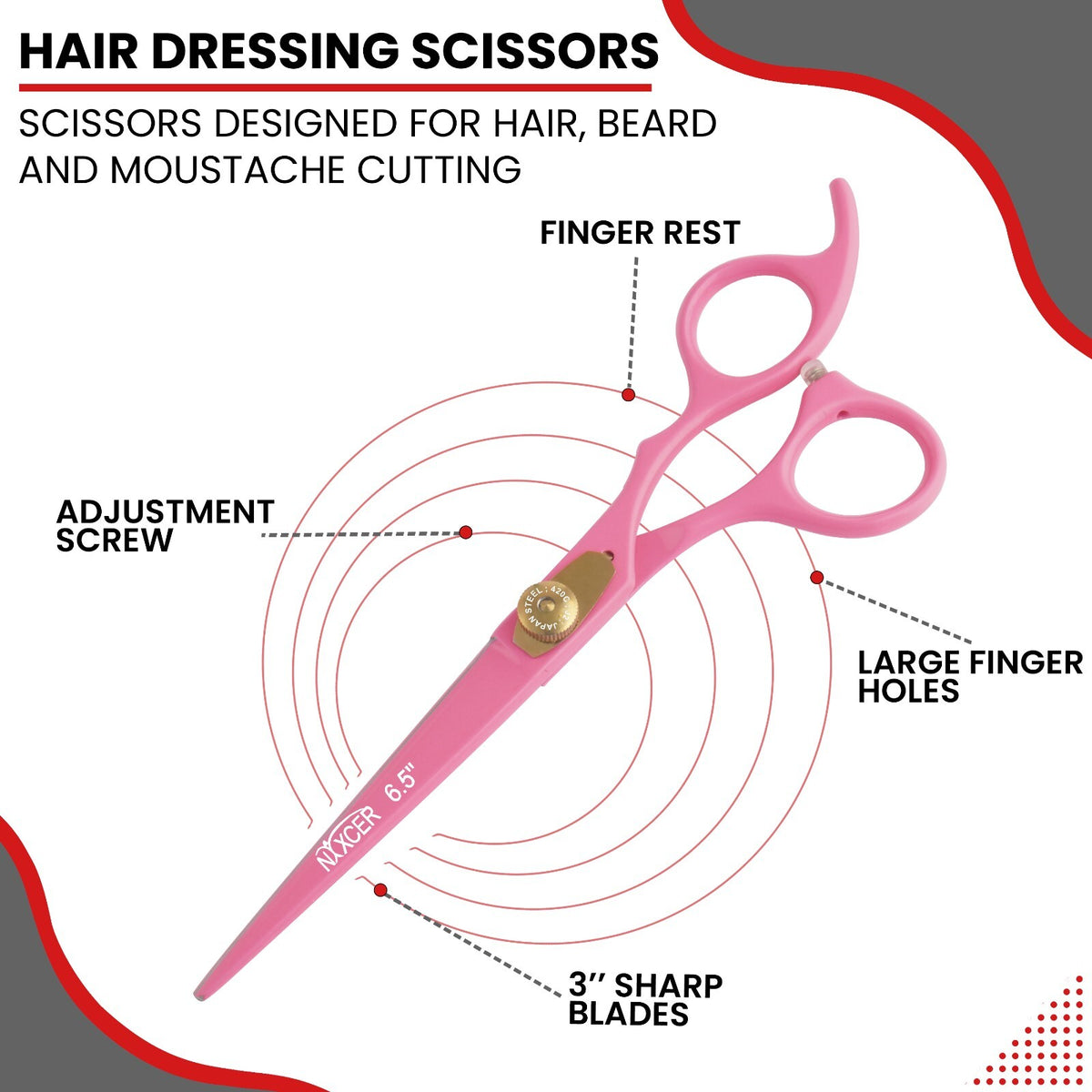 Professional Hair Cutting Scissors 6.5 Inch Japanese Steel Shears - Pink