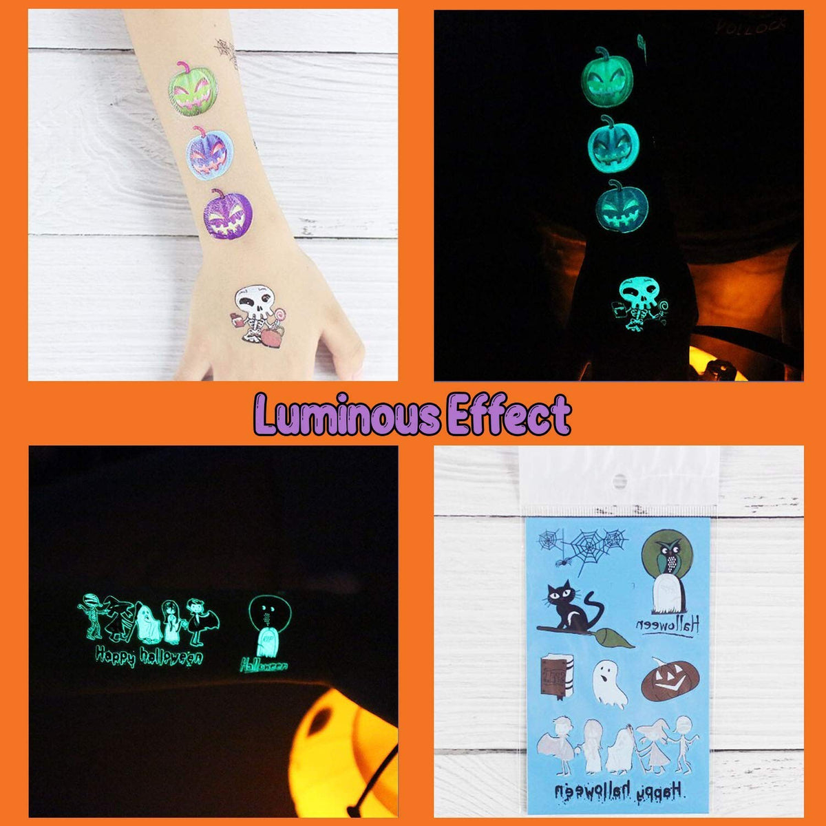 Luminous Halloween Temporary Tattoos for Kids - Glow-in-the-Dark 10-Sheet Pack