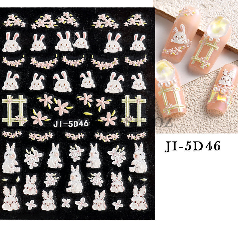 Pink Rabbit Nail Decal Stickers for Manicure - 5D Embossed Floral Design