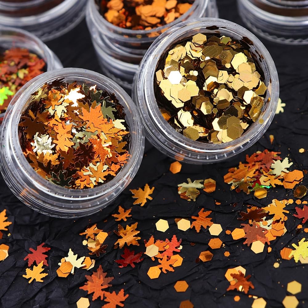 Fall Leaves Nail Art Glitter Set - 6 Boxes Gold Red Yellow Sequins for Nails