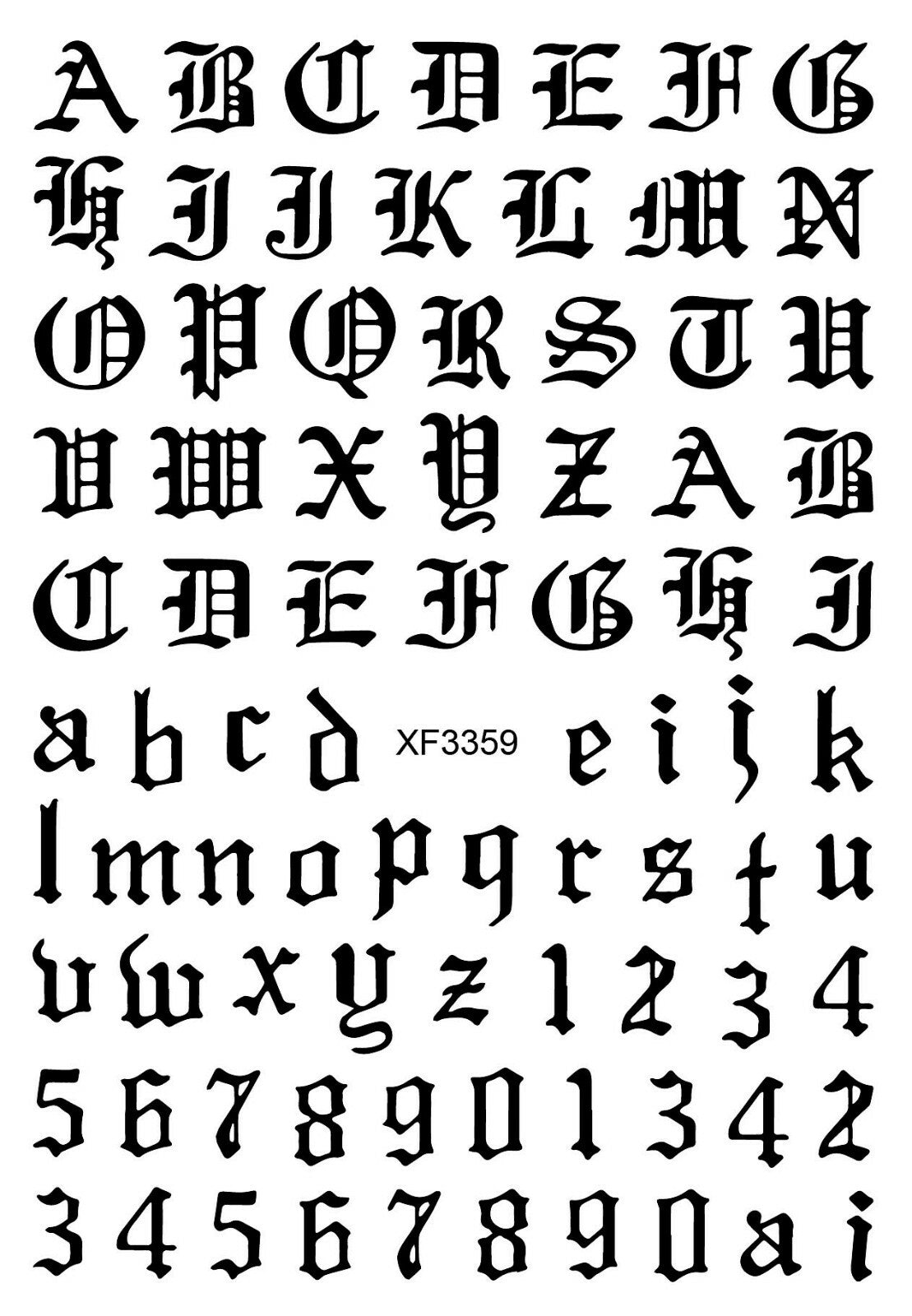 3D Nail Art Sticker Sheets - Latin Roman Alphabet Letters & Numbers - 9 Colors