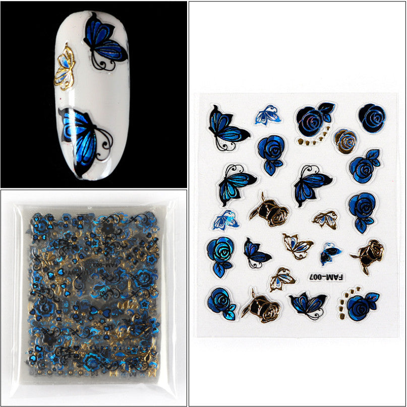 Gold Blue Lace Butterfly Floral Nail Art Stickers Set - 10 Sheets