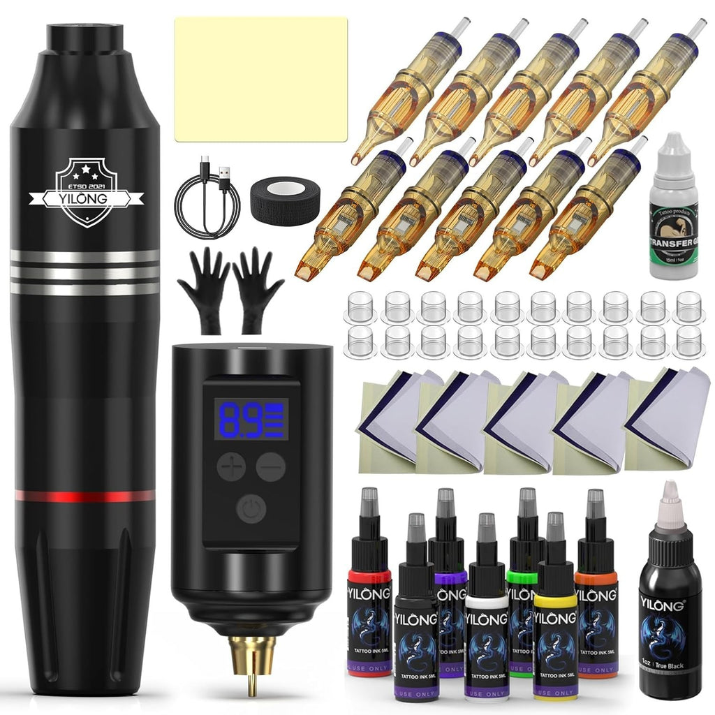 Wireless Tattoo Machine Kit with Power Supply, Needles & Ink