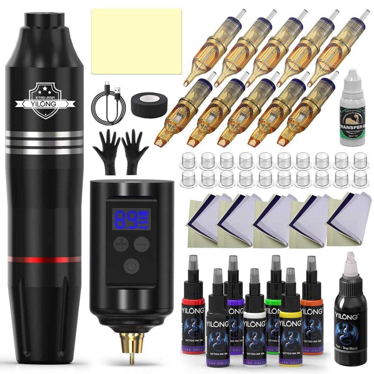 Wireless Tattoo Machine Kit with Power Supply, Needles & Ink