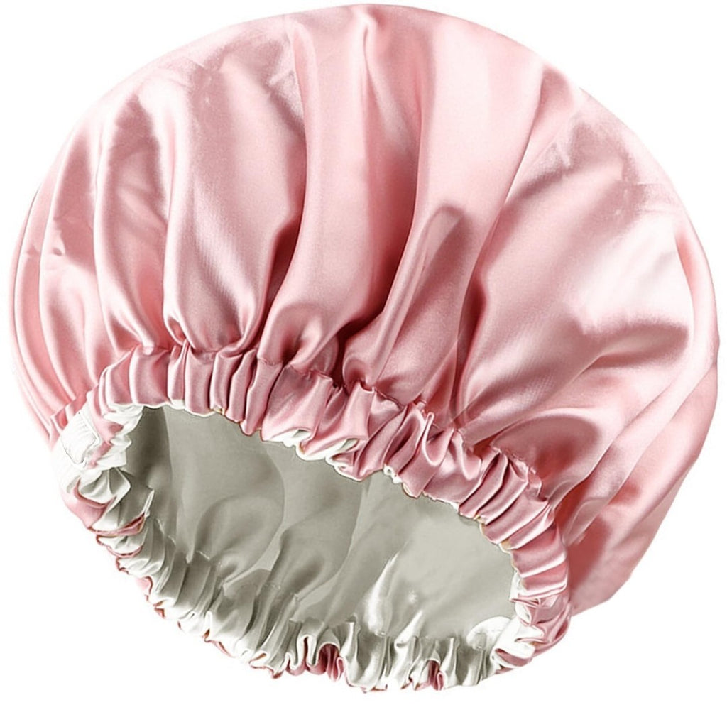 Extra Large Satin Lined Shower Cap for Women - Adjustable Waterproof Pink