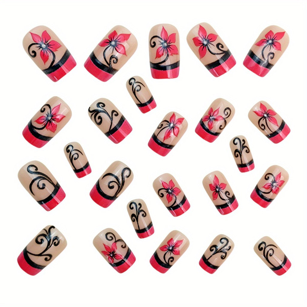 48Pcs Reusable Press-On Nails Set - Pink Black Floral Square Fake Nails
