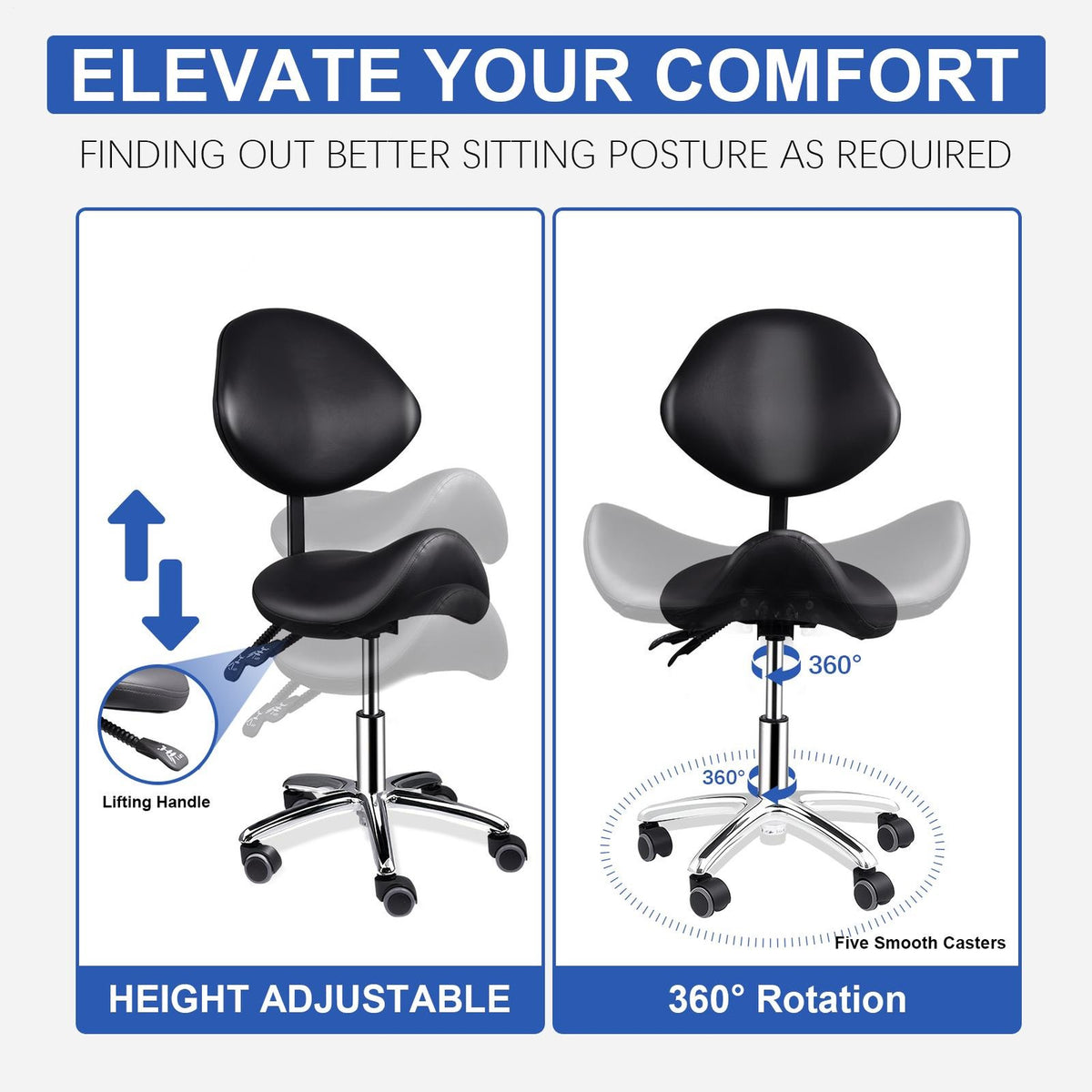 Ergonomic Saddle Stool with Wheels and Adjustable Backrest - Thick Leather Seat