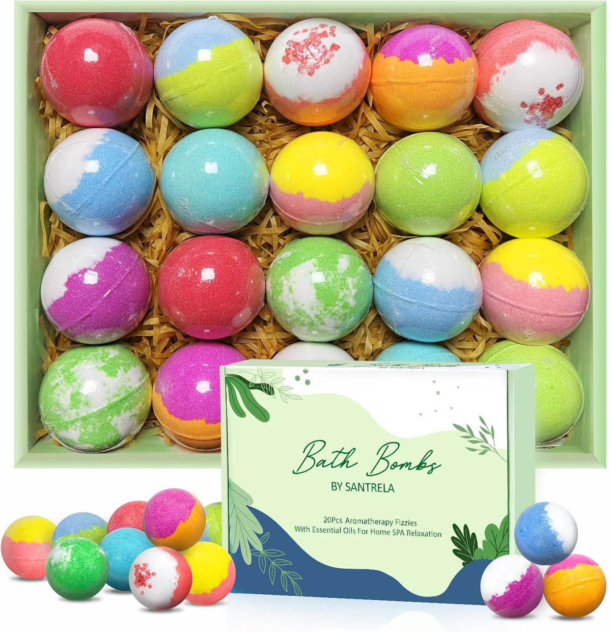 Organic Bath Bomb Gift Set for Relaxation - 20 Handmade Spa Bubble Bombs with Essential Oils
