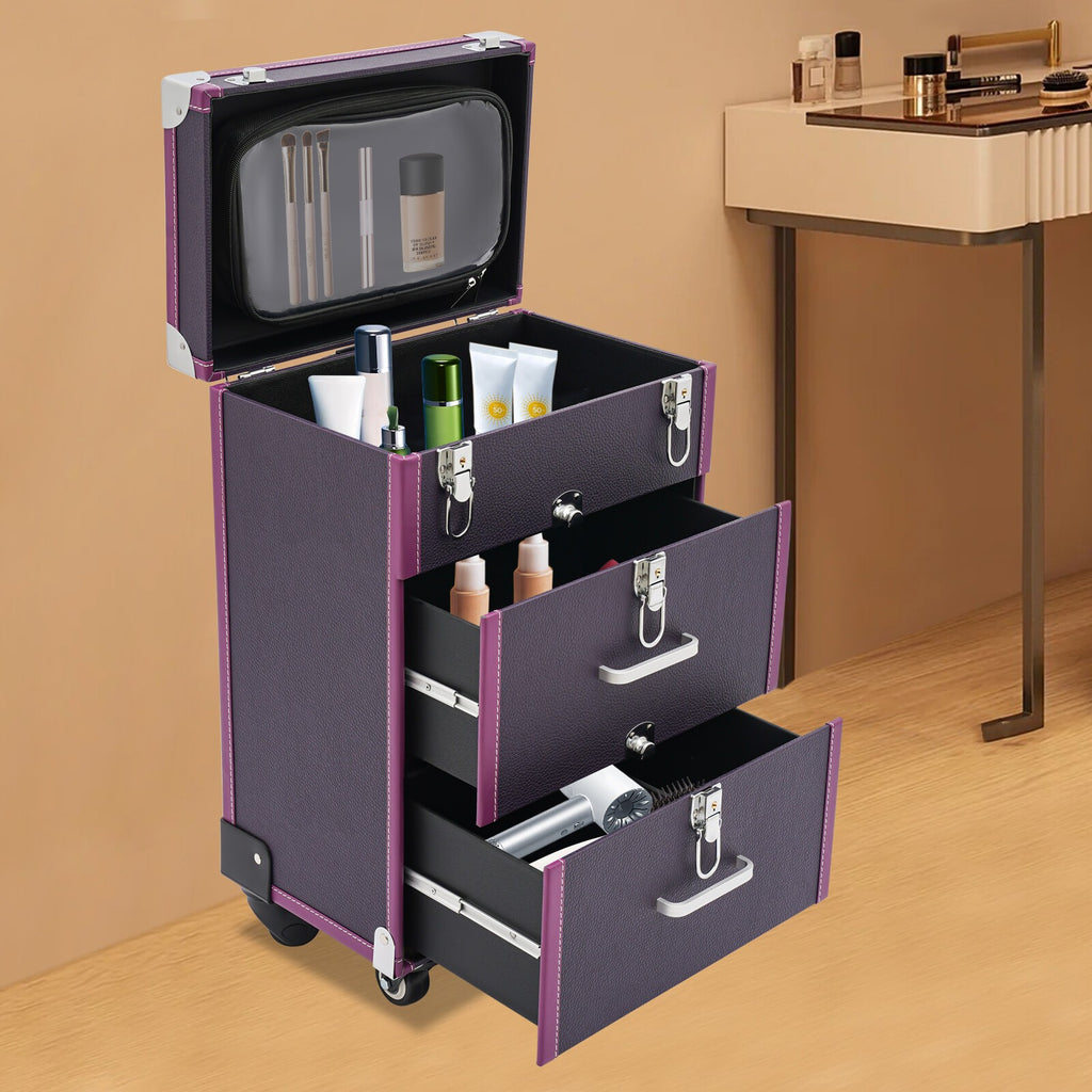 Lockable 3-Layer Rolling Makeup Case with Wheels and Organizer