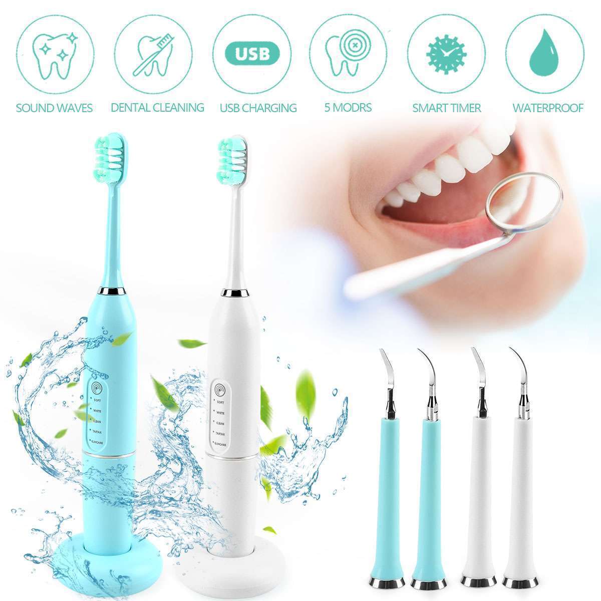 Wireless Electric Toothbrush Flosser Set with 5 Modes and Water Jet