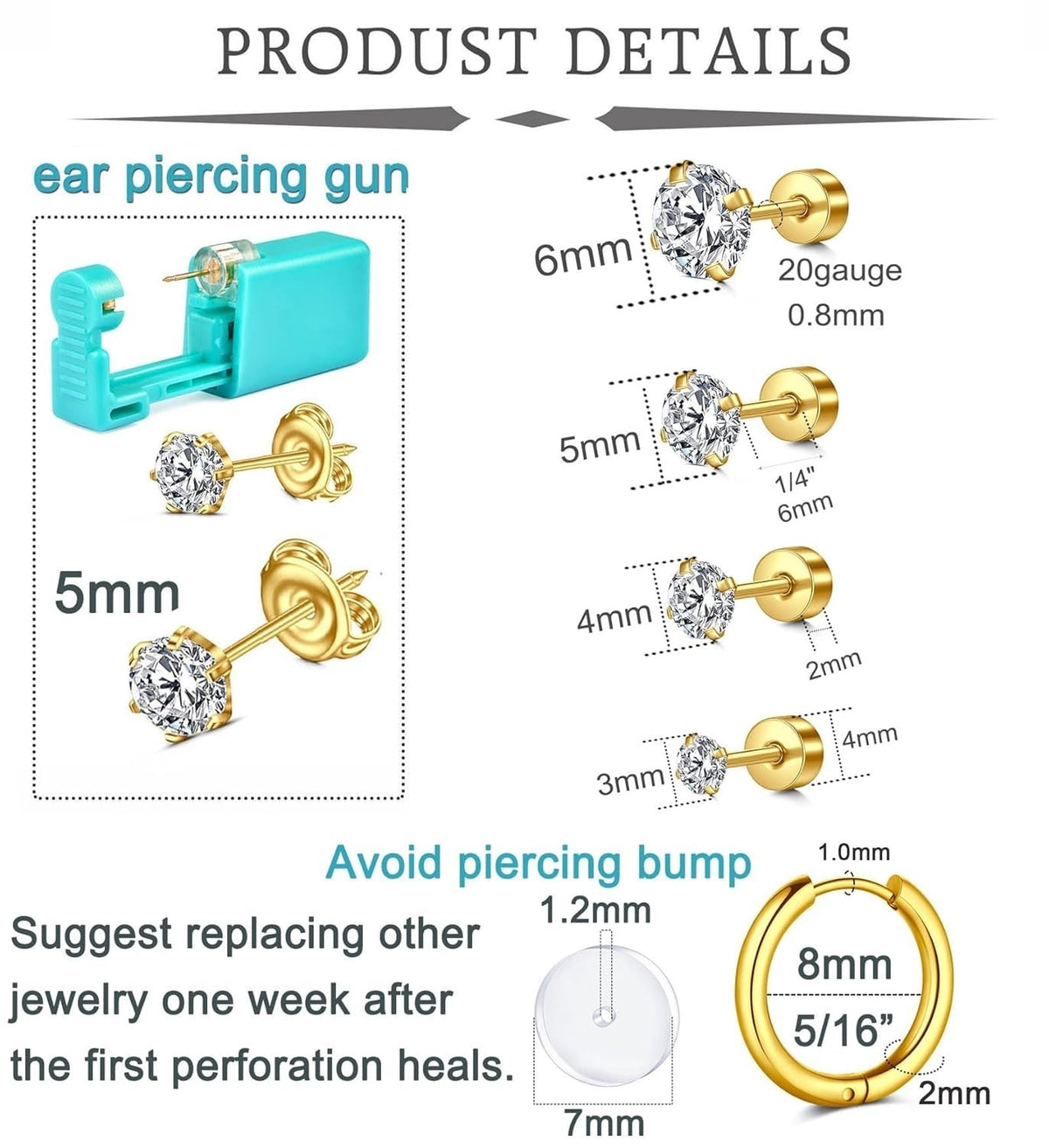 Ear Piercing Gun Kit with Gold Studs & Self Piercing Earring Set