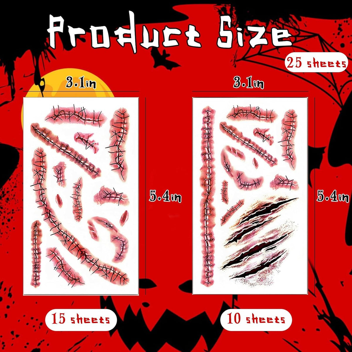 Fake Scar Temporary Tattoos 25 Sheets - Bloody Wound & Stitch Designs