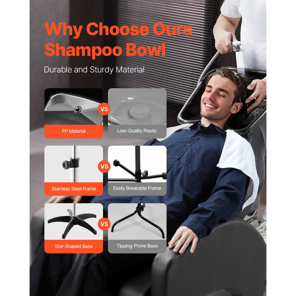 Portable Shampoo Basin with Adjustable Height & Drain Hose for Salon & Home
