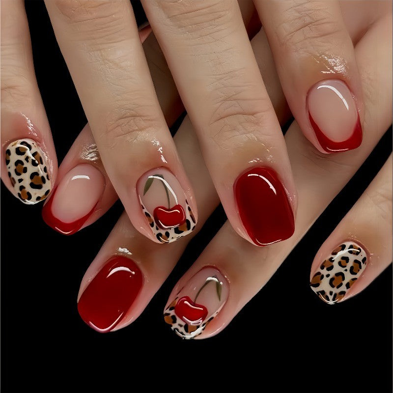 48P Short Square Press-On Nails with Red French Tip Leopard Design