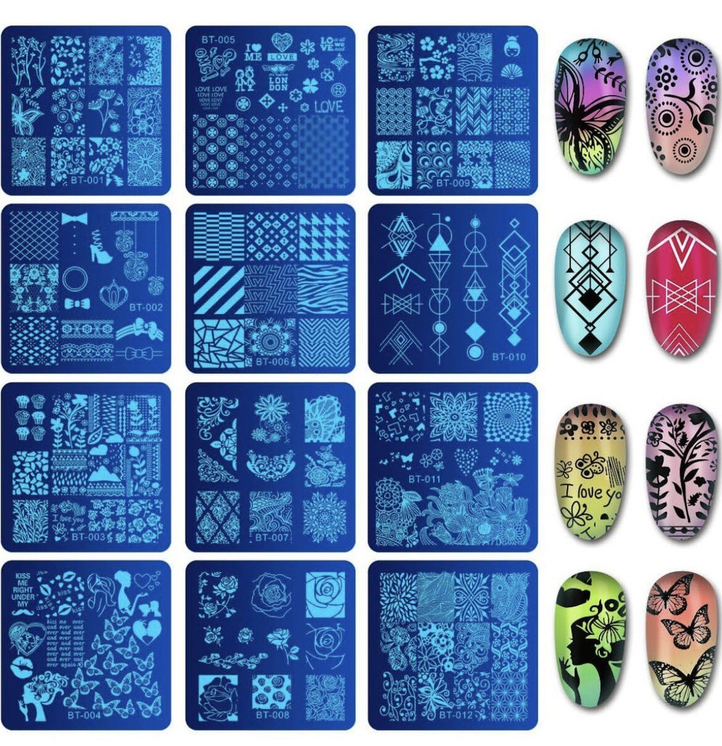 Nail Stamping Plates Set 12Pcs with Stamper, Scraper & Storage Bag - Nail Art Tools