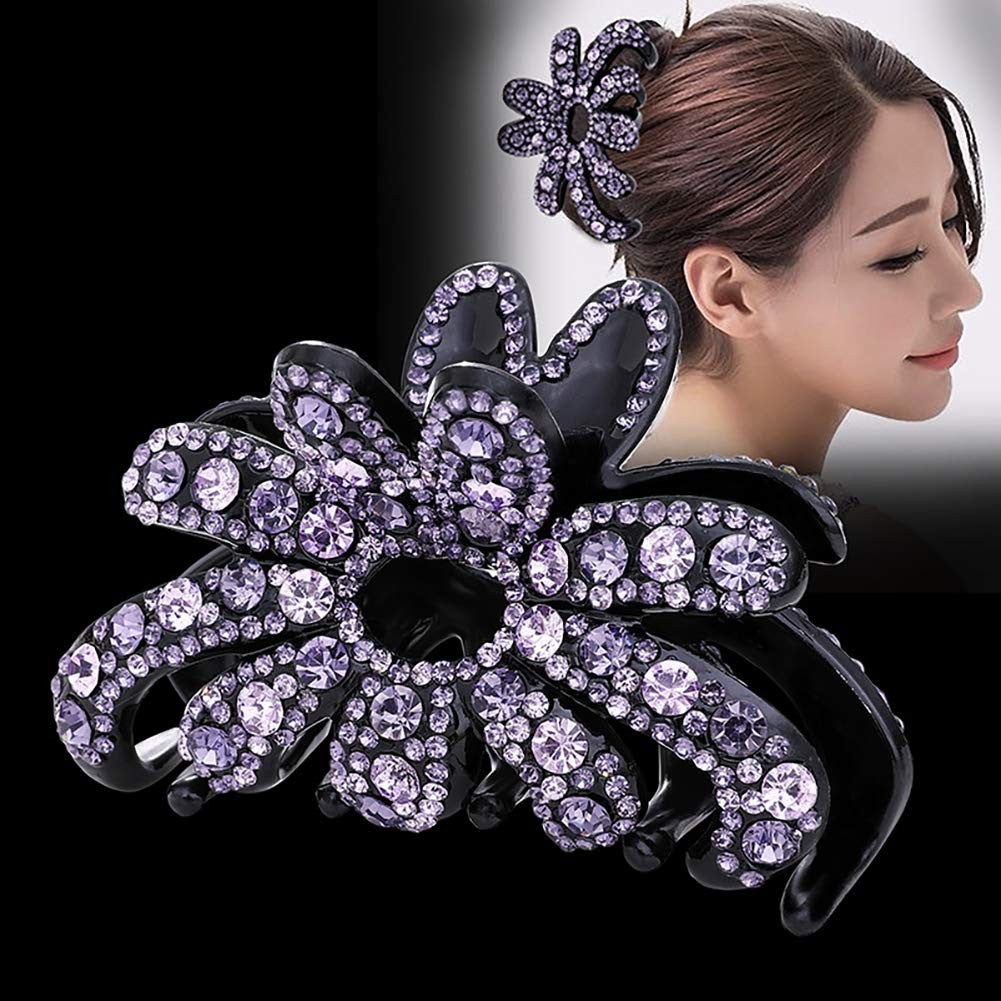 Large Rhinestone Hair Claw Clip for Thick Hair Violet - Elegant Plastic Clamp