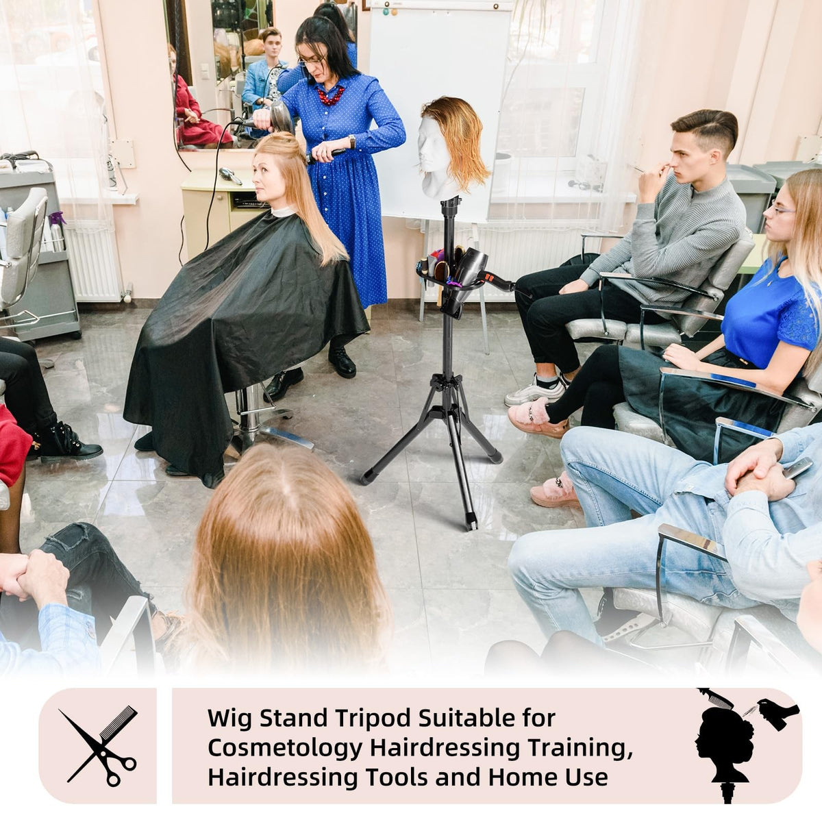 Adjustable Wig Head Stand Tripod with Tool Tray - Mannequin & Salon Use