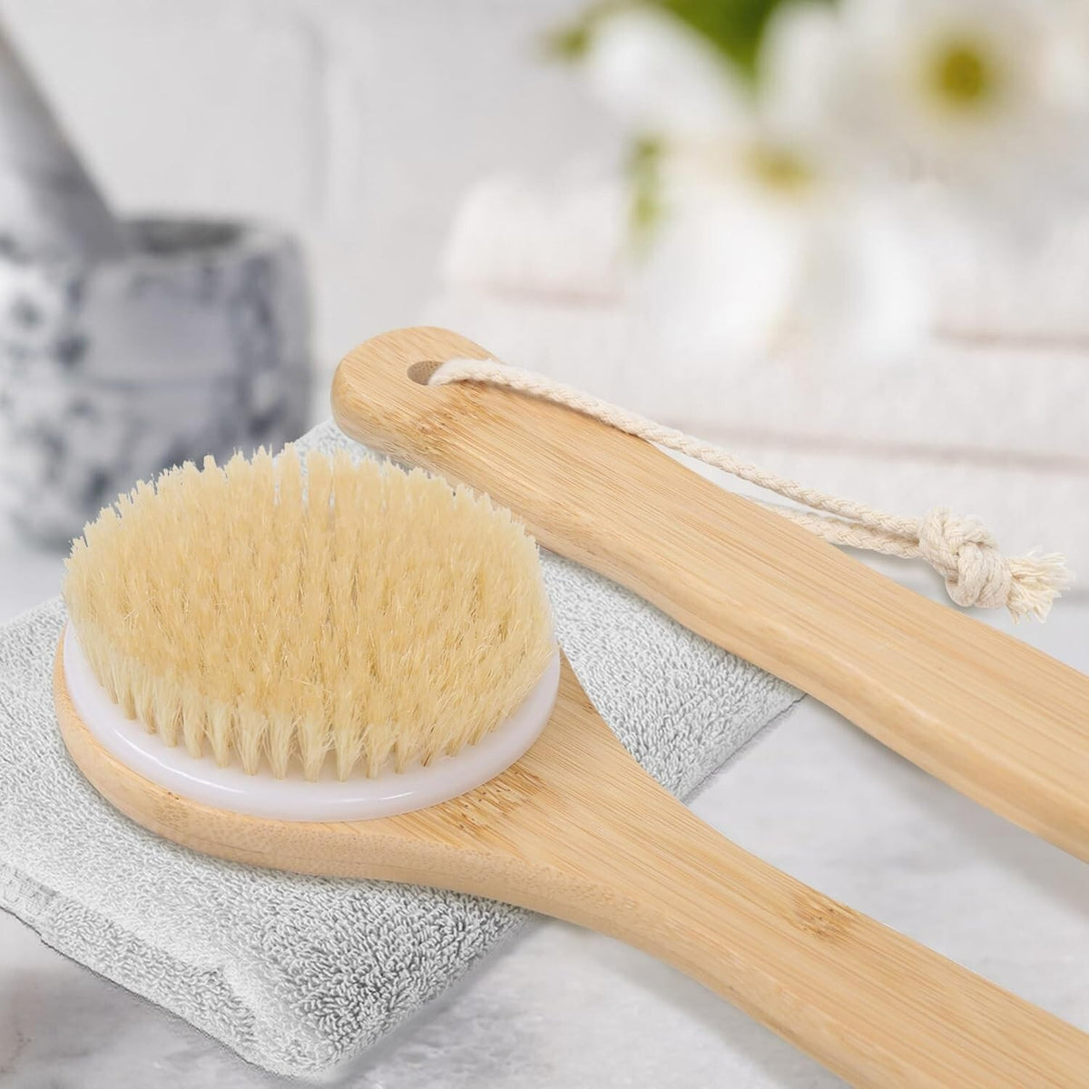 Bamboo Body Brush with Soft Bristles & Long Non-Slip Handle - Shower Back Scrubber