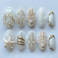 Handmade Custom 3D Nail Art Set with Seashell Starfish Jellyfish Pearls - Press On Nails
