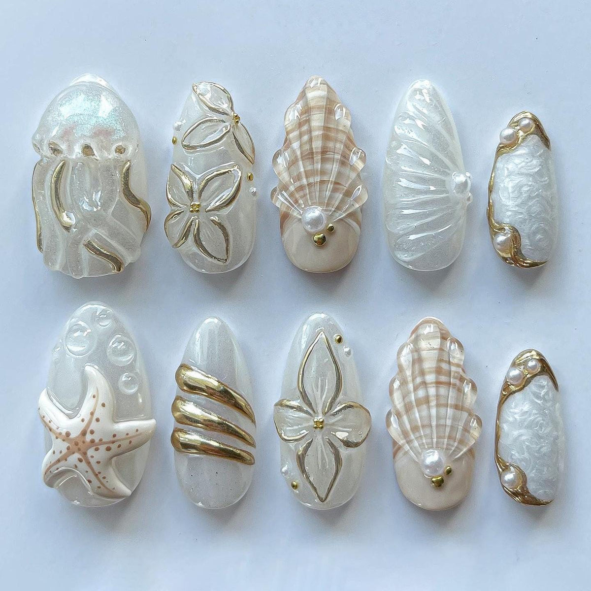 Handmade Custom 3D Nail Art Set with Seashell Starfish Jellyfish Pearls - Press On Nails