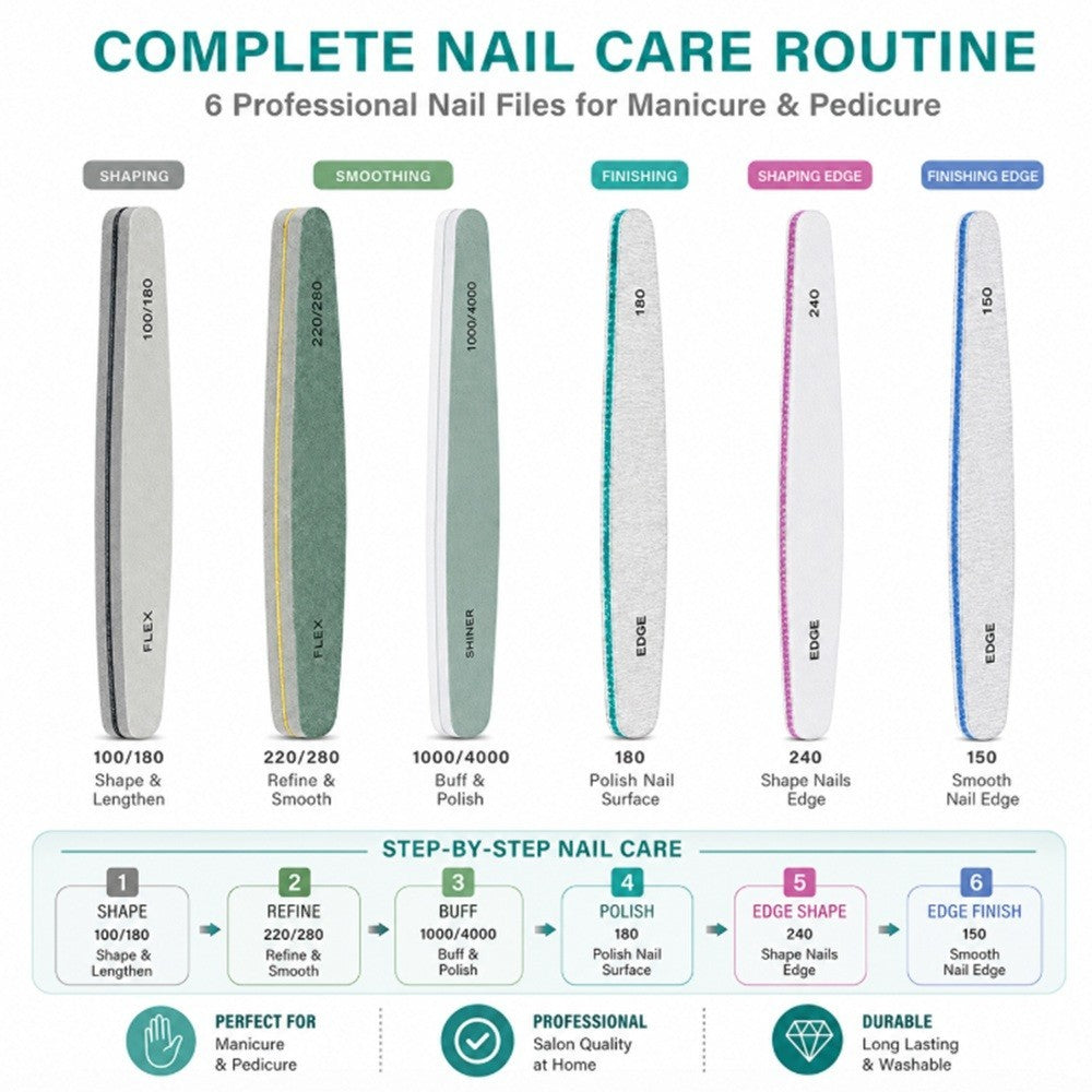 6 Pack Double-Sided Nail Files 100/180 Grit Emery Boards for Manicure & Pedicure