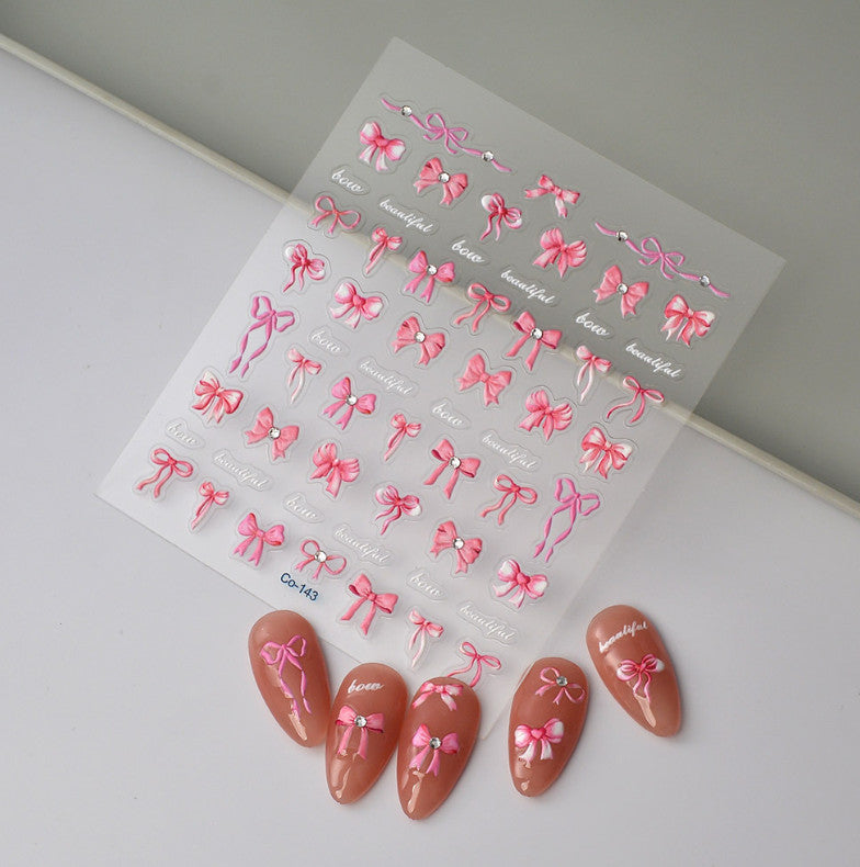Pink Bowknot Nail Art Stickers - 1 Sheet Embossed Decor for Natural & Artificial Nails