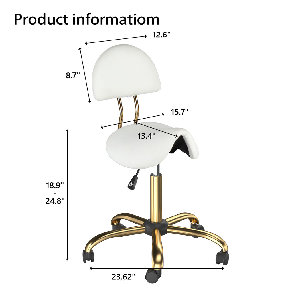Adjustable Salon Stool Chair with Backrest, Ergonomic Saddle Seat, 360° Swivel
