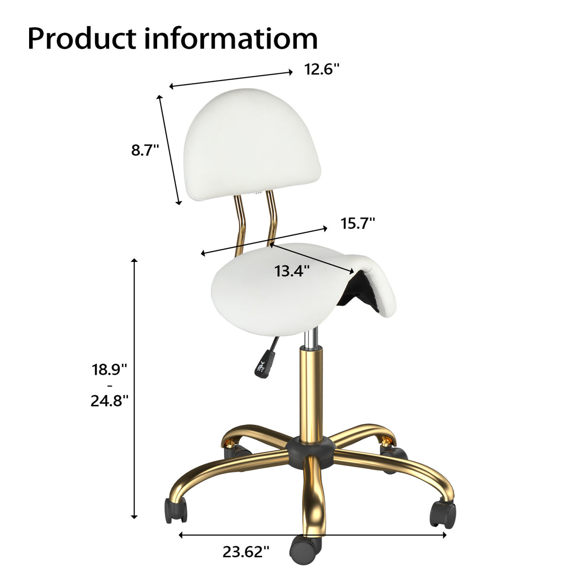 Adjustable Salon Stool Chair with Backrest, Ergonomic Saddle Seat, 360° Swivel