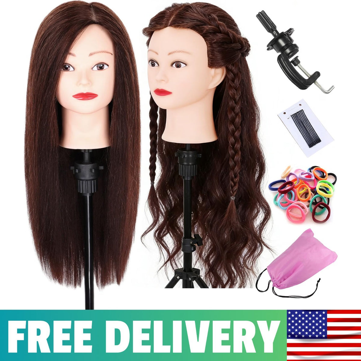 Mannequin Head with Human Hair for Hairdressing Training 22-24 Inch Stand YZ4