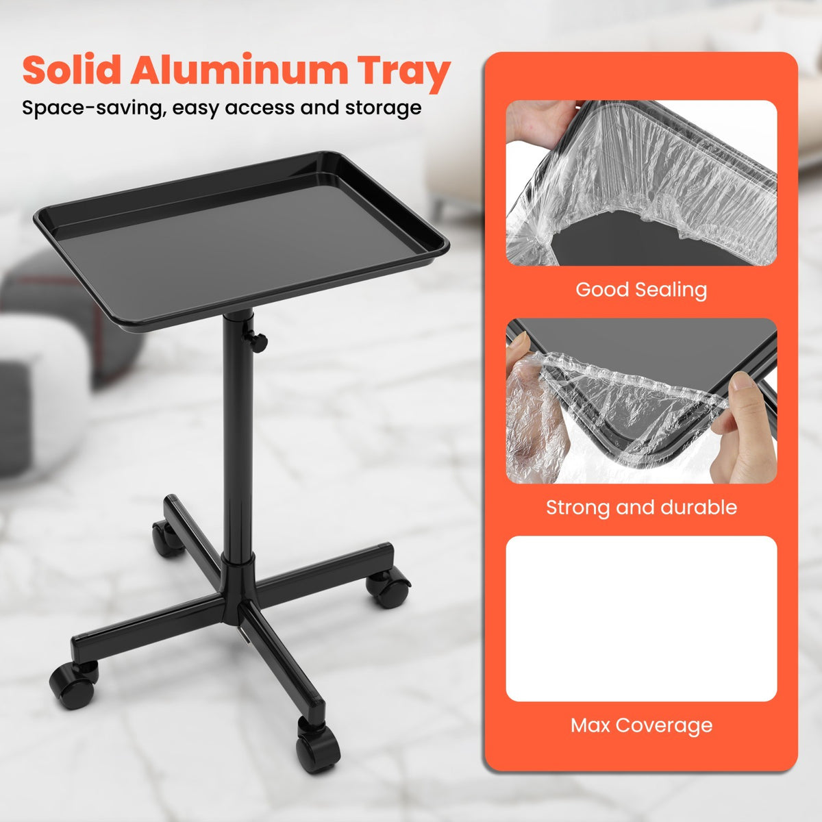 Adjustable Salon Trolley on Wheels Premium Aluminum Rolling Tray