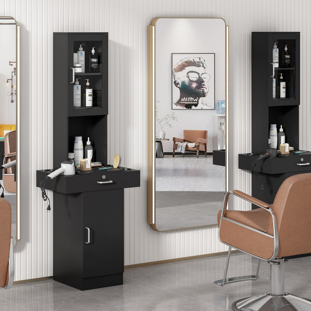 Salon Station Storage Cabinet with Glass Doors and Shelves for Beauty & Barber Shops