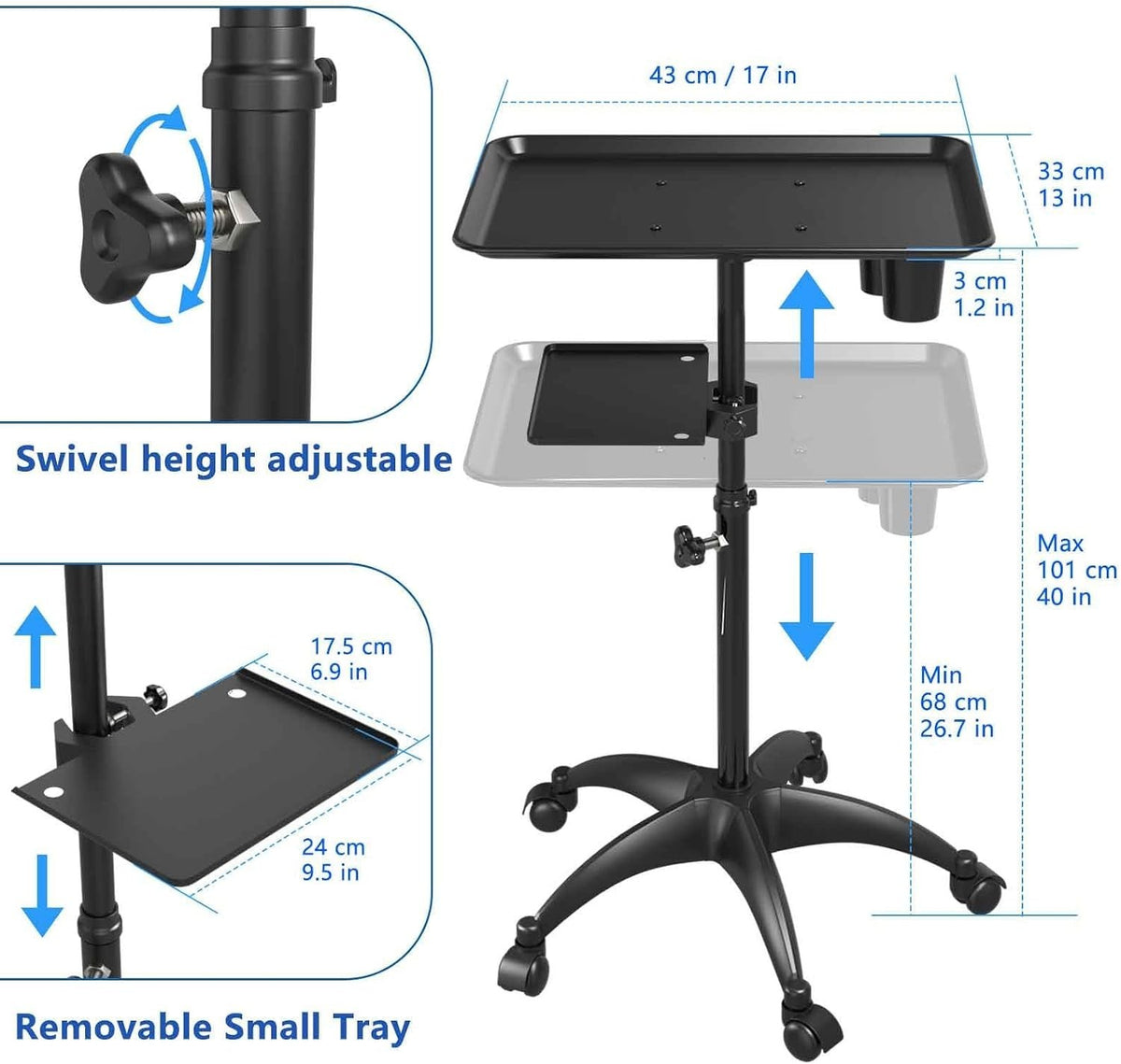 Heavy-Duty Aluminum Salon Rolling Tray with Tool Holders & Adjustable Height