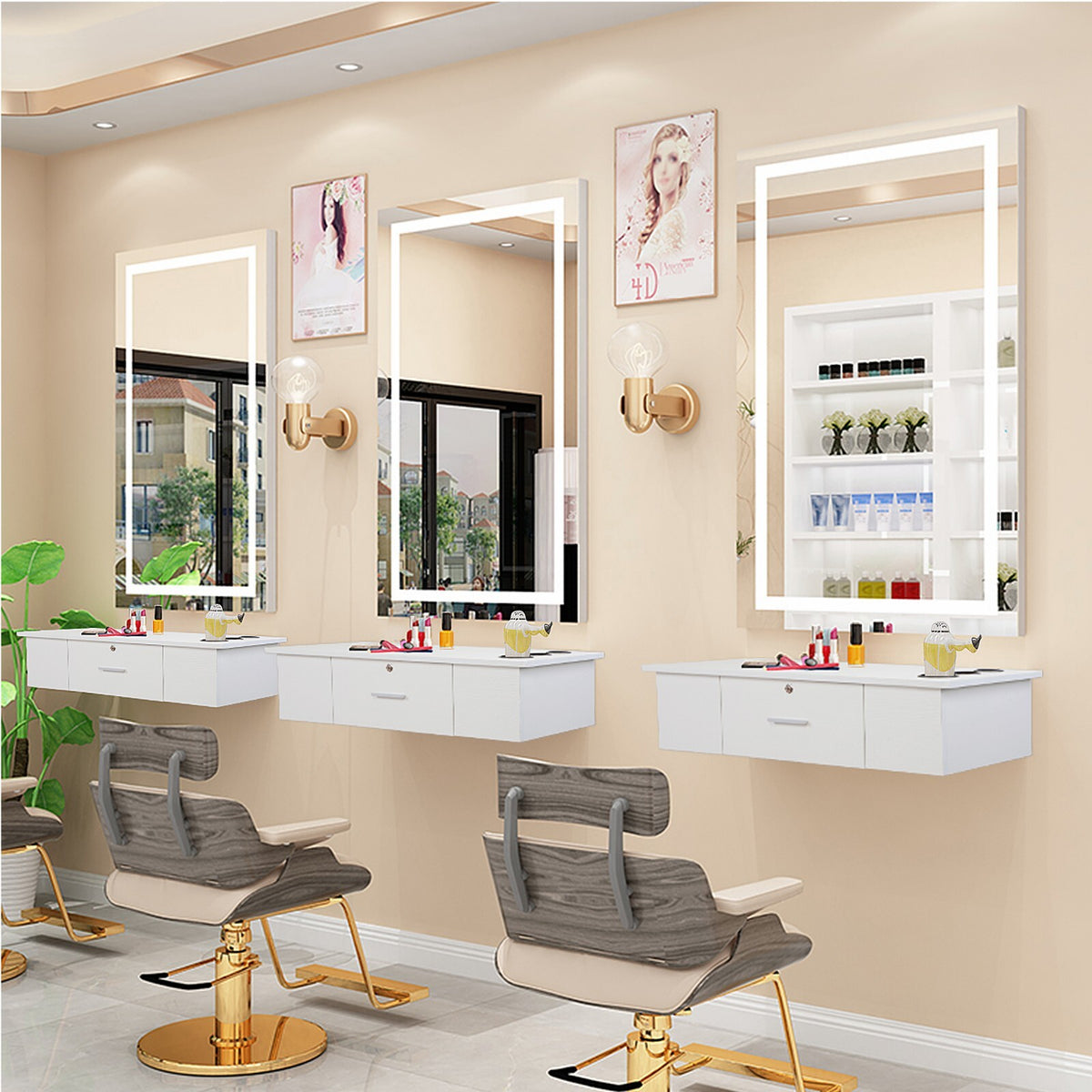 Wall-Mount Styling Station for Hair Salon Barber Spa Storage Cabinet