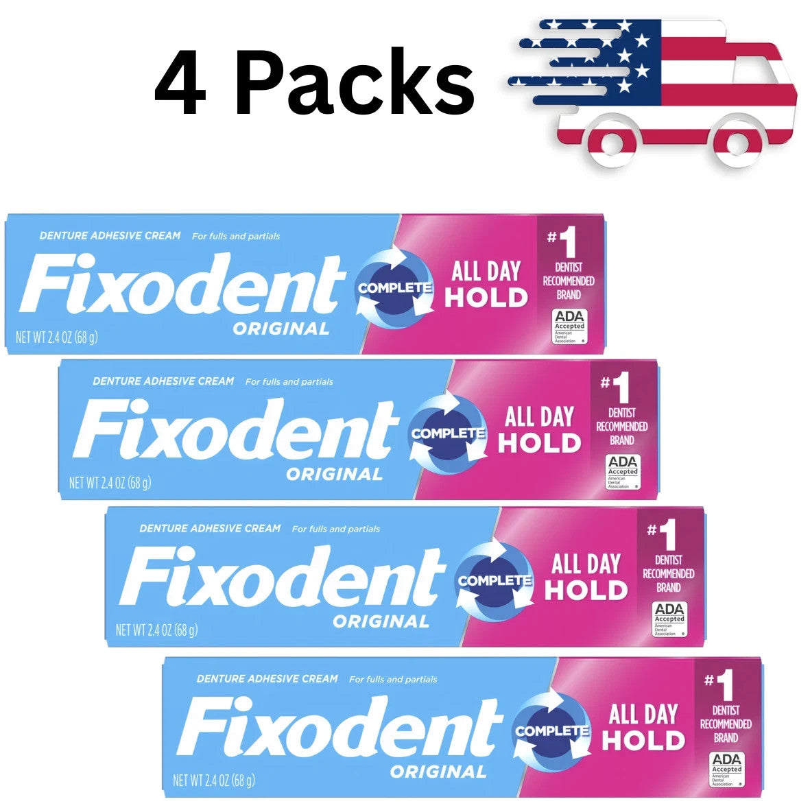 Denture Adhesive Cream Pack of 4 - All Day Strong Hold & Fresh Breath